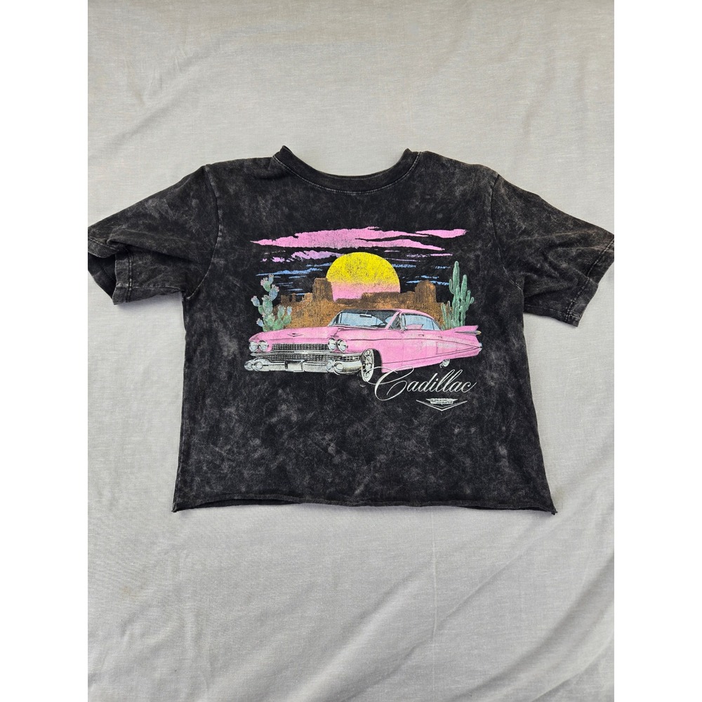Fifth Sun Cadillac Graphic Crop Top Gray Acid Wash Desert Pink Car Tee Small